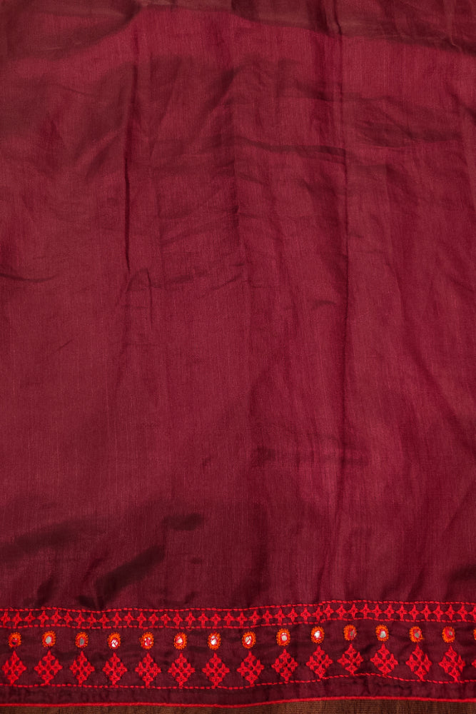 Deep Purple Semi Munga Silk Cutch Work Embroidery Work Saree, With Unstiched Blouse