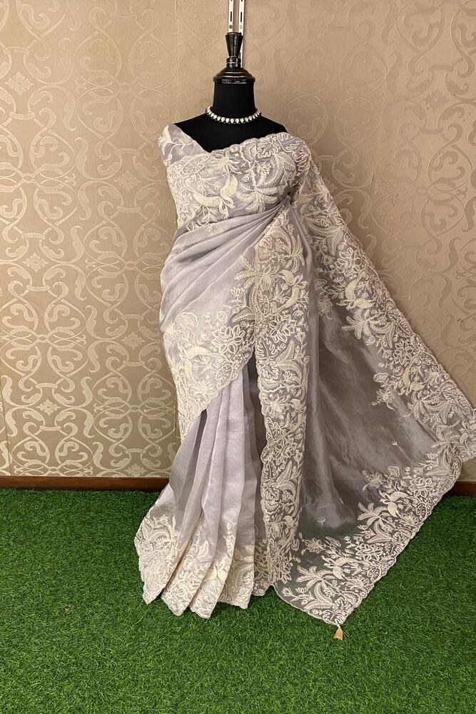 Grey organza silk embroidery saree with unstiched blouse, ideal for party wear by Saarang Sarees