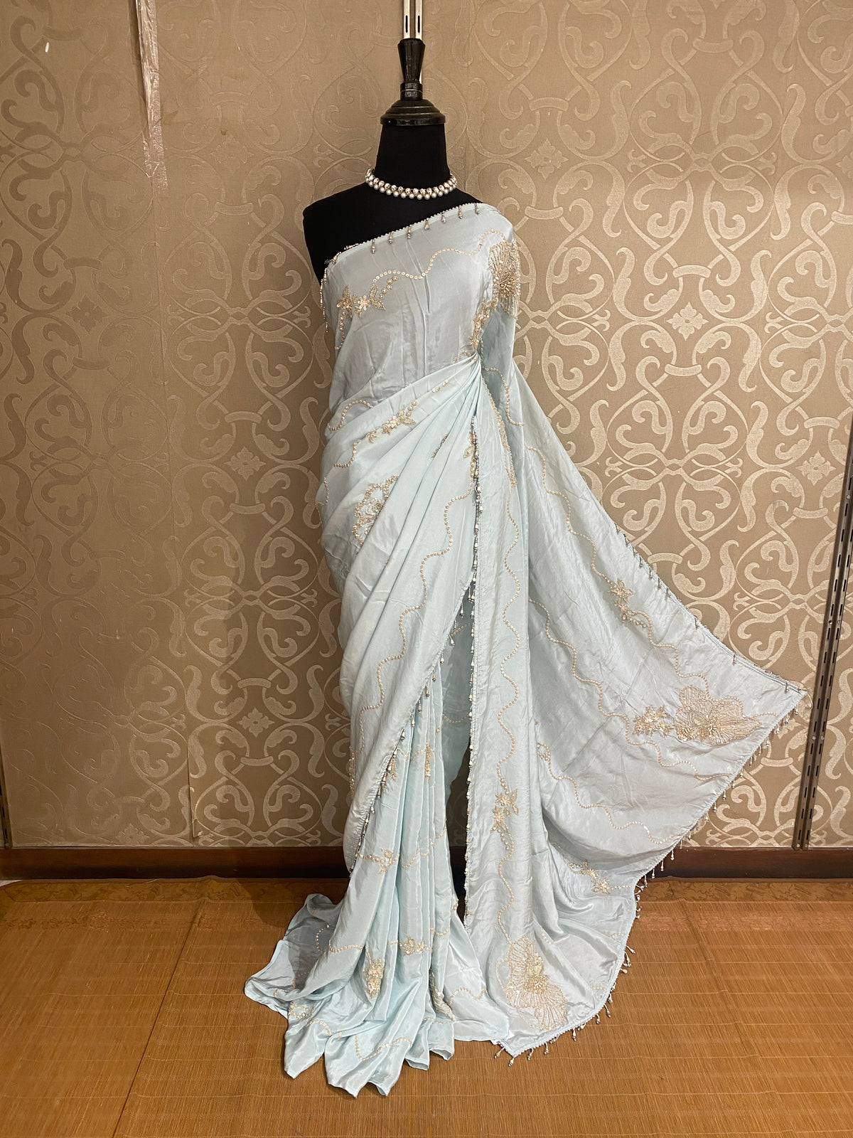 Light Firozi Organza Silk Embroidery Saree, With Readymade Blouse