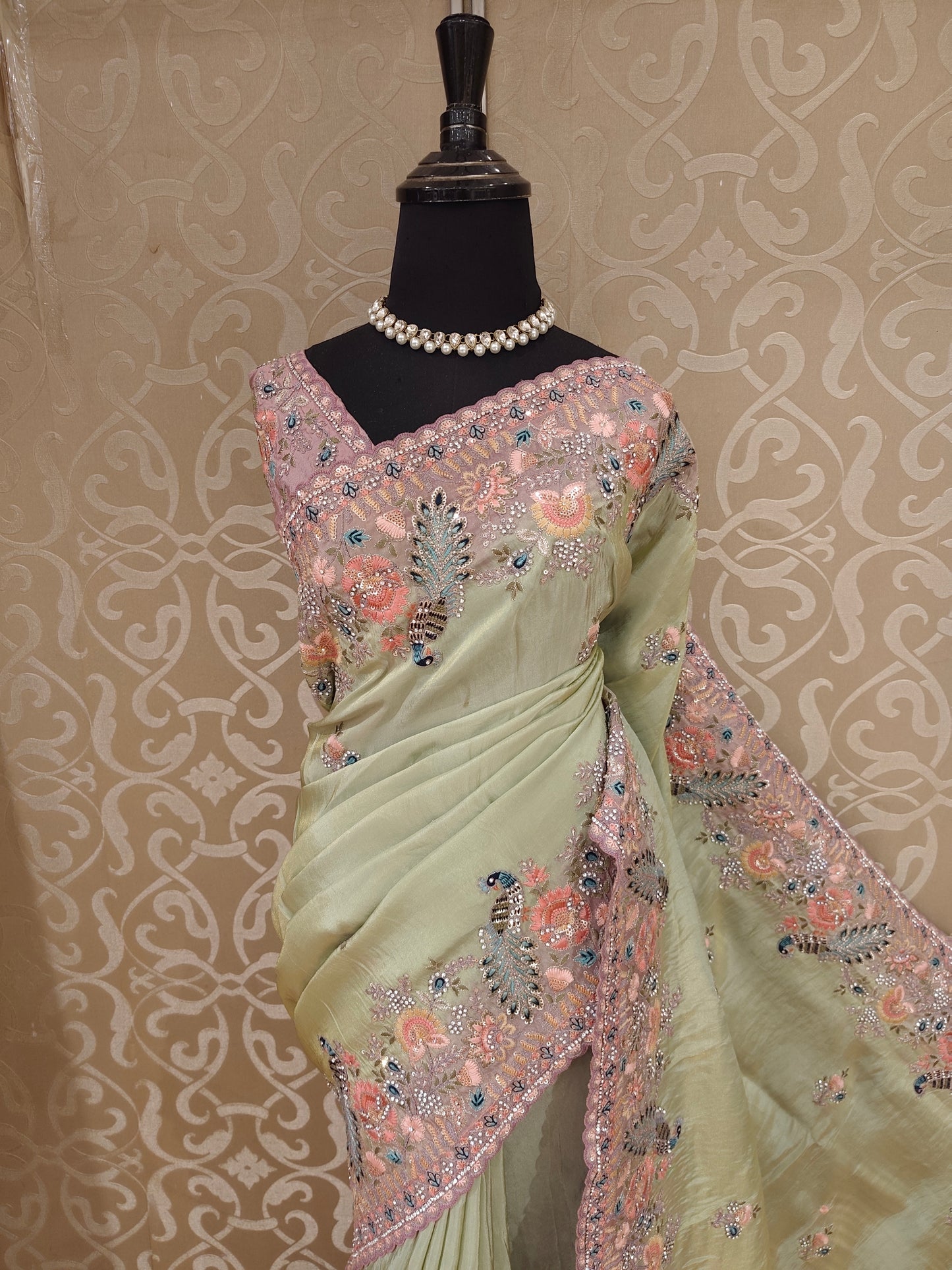 Pista Green Tissue Kanjeevaram Silk Sarees With Embroidery Work, With Unstiched Blouse