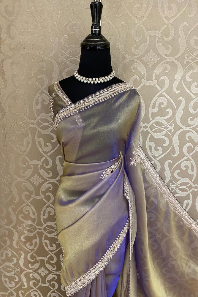 Greyish purple silk saree with embroidery and unstiched blouse, party wear Saarang Sarees women's traditional Indian attire.