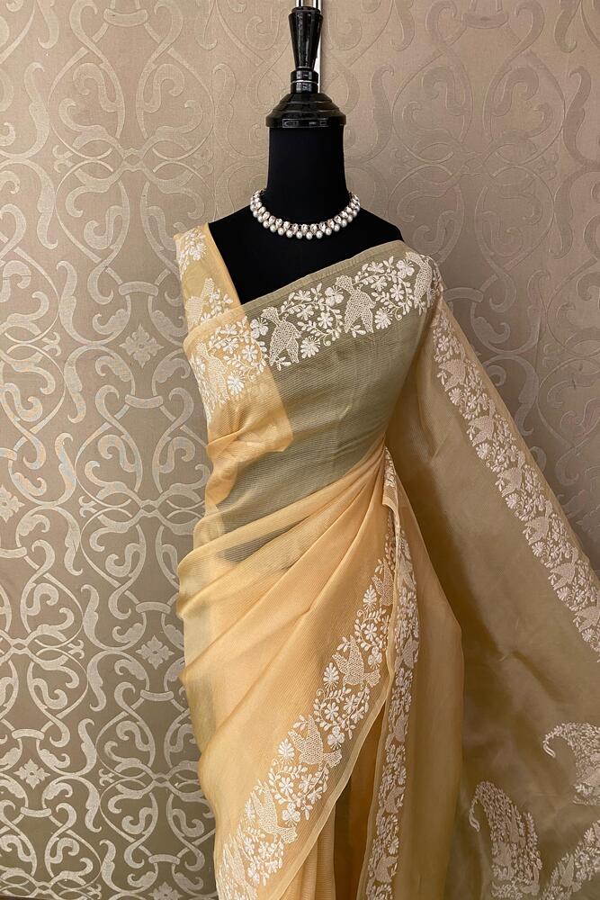 Yellow Organza Silk Resham Embroidery Saree, With Unstiched Blouse