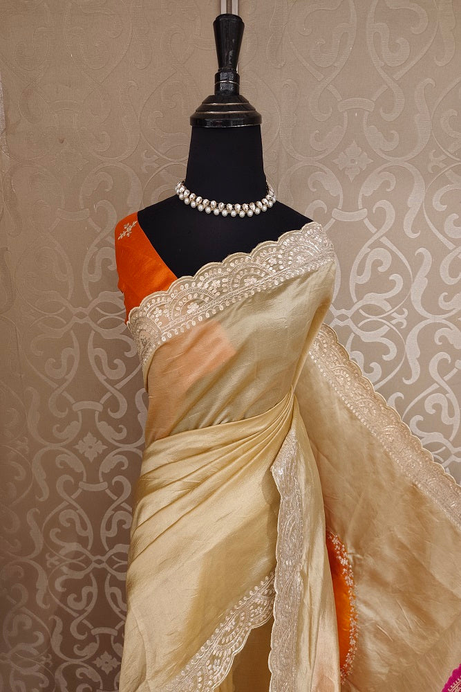 Golden Beige Tussar Silk Printed Saree With Aari Work Border, With Unstiched Blouse