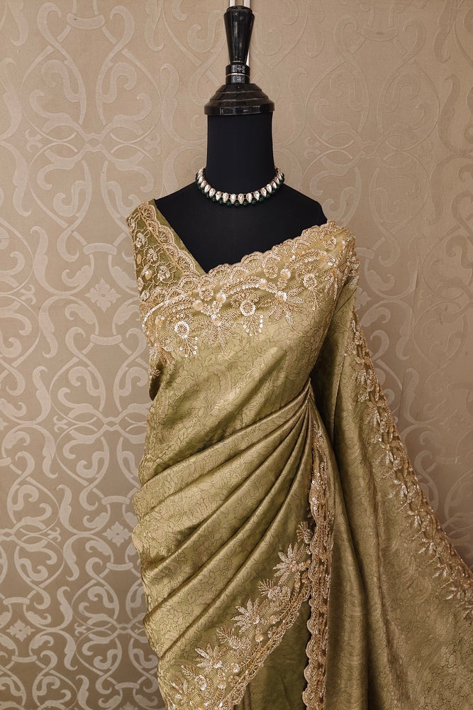 Pista Green Tissue Kanjeevaram Silk Sarees With Embroidery Work, With Unstiched Blouse