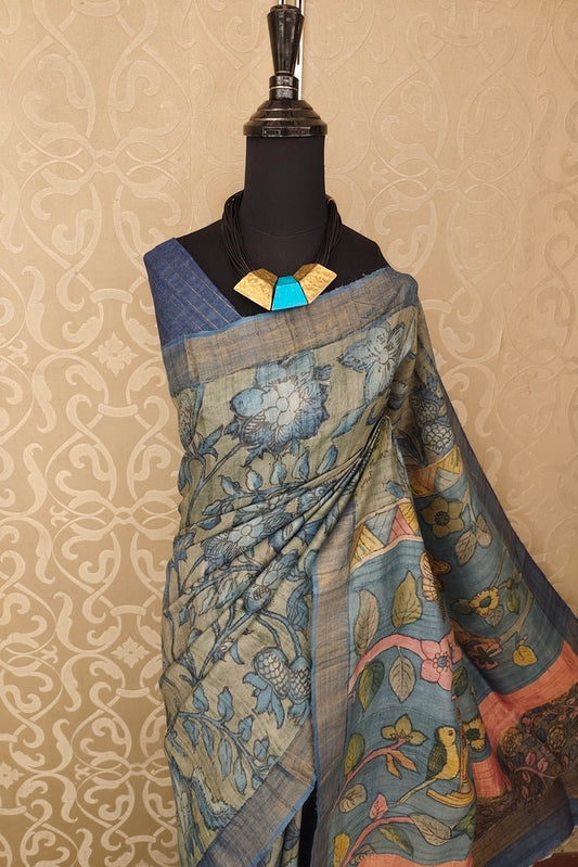 Grey Tussar Kalamkari Printed Work Saree, With Unstiched Blouse