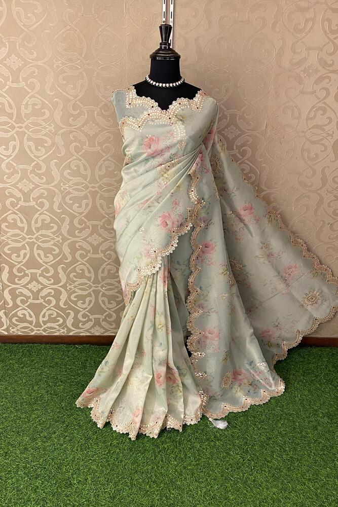 Soft Firozi Blue Soft Tissue Silk Embroidery Saree With Unstiched Blouse