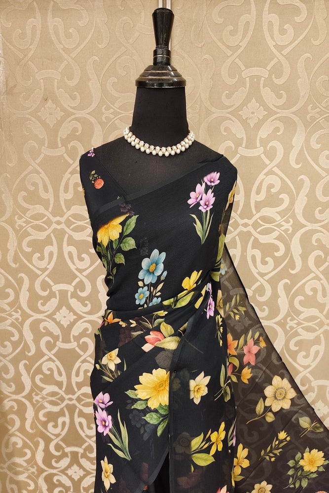 Black Floral Printed Chiffon Saree, With Unstiched Blouse Piece