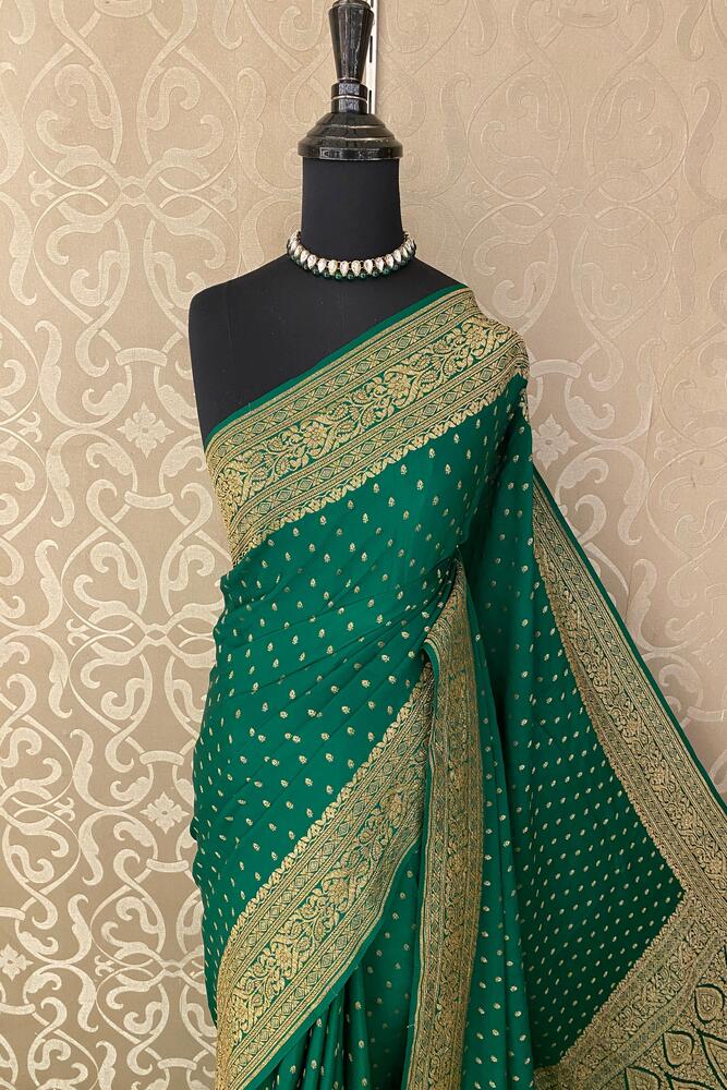 Deep Green Crepe Khaddi Banarasi Silk Saree With Unstiched Blouse