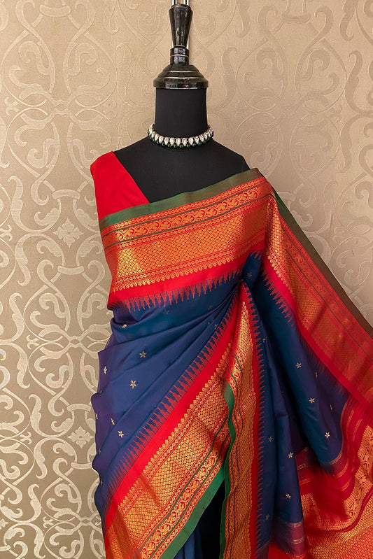 Navy Blue Gadwal Silk Sarees With Unstiched Blouse