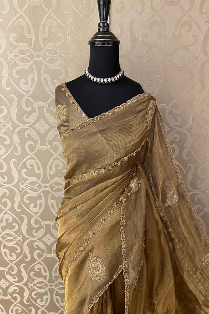 Golden Olive Green Tissue Silk Embroidery Saree, With Unstiched Blouse