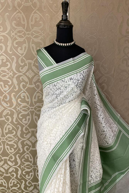 White Muslin Jamdani Saree, With Unstiched Blouse