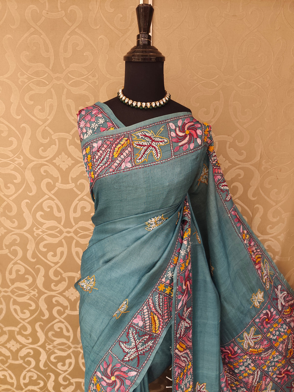 Powder Blue Tussar Hand Embroidery Saree, With Unstitched Blouse