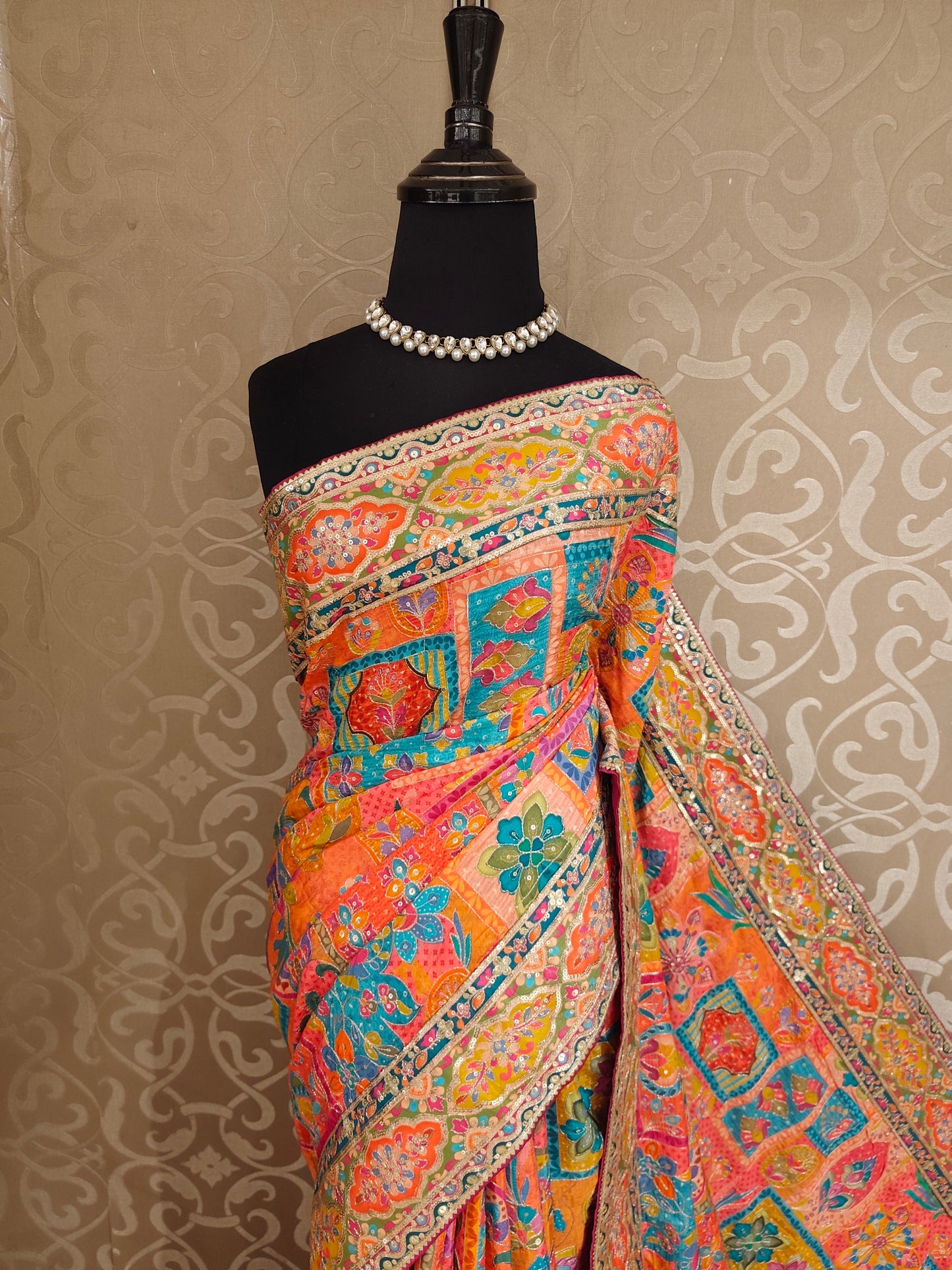Multi Cocktail Satin Crepe Saree, With Unstiched Blouse