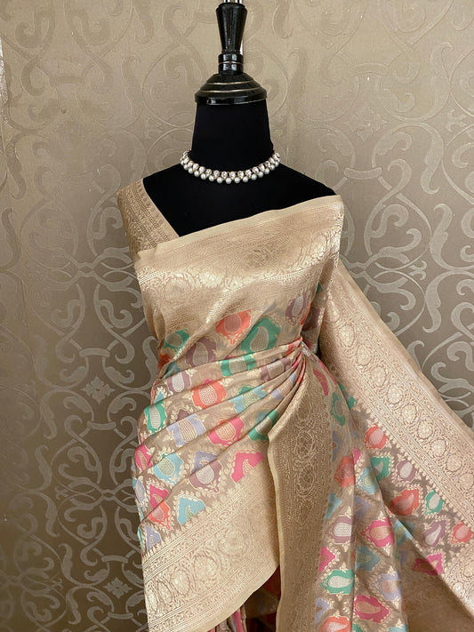 Golden Beige Kadiyal Banarasi Rangkat Design Saree, With Unstiched Blouse