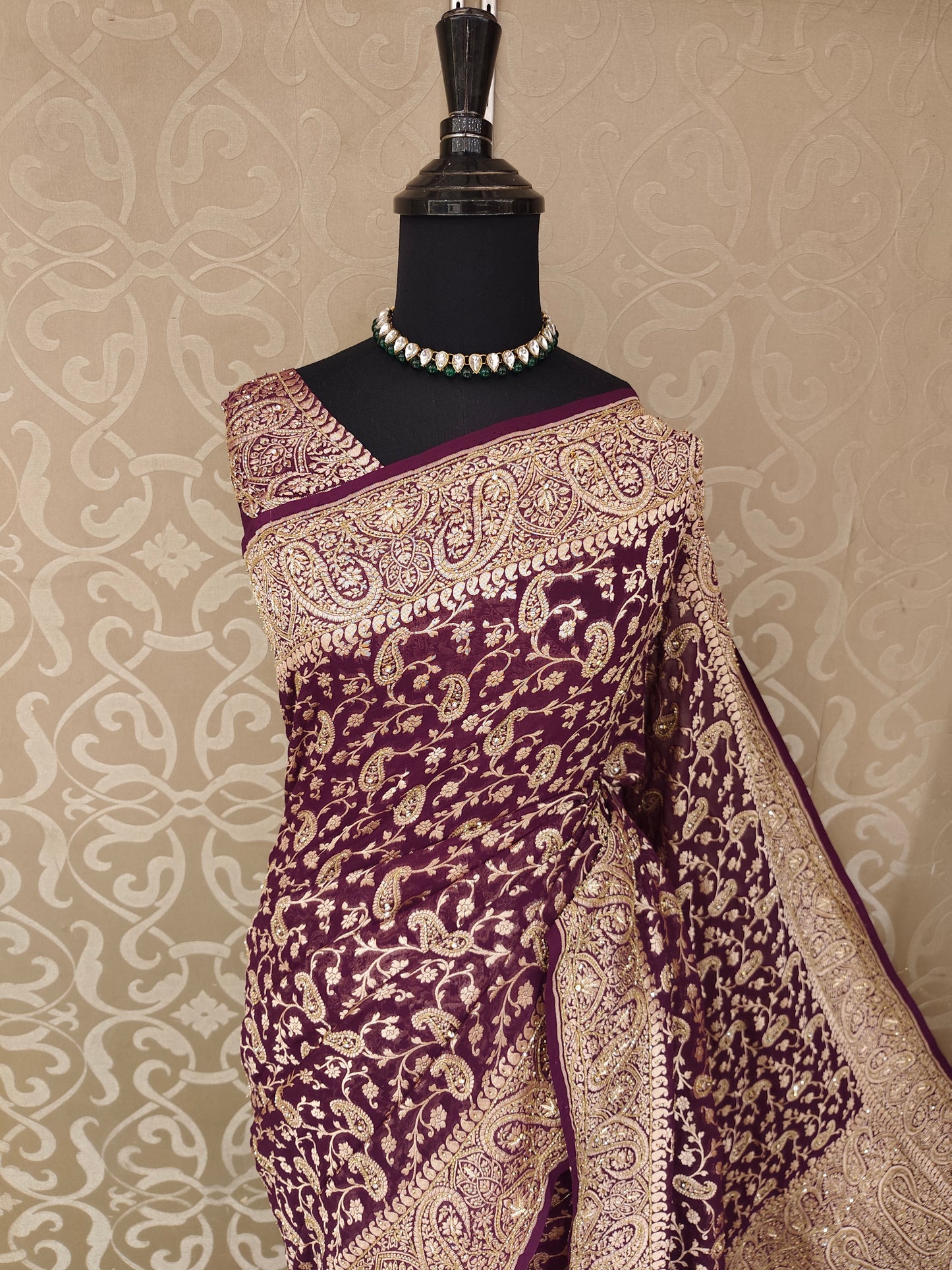 Wine Georgette Khaddi Embroidery Saree, With Unstiched Blouse