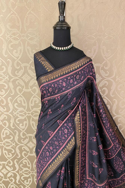 Black Munga silk printed saree with kantha work and unstitch blouse, traditional wear by Saarang Sarees, showcasing intricate fabric details.