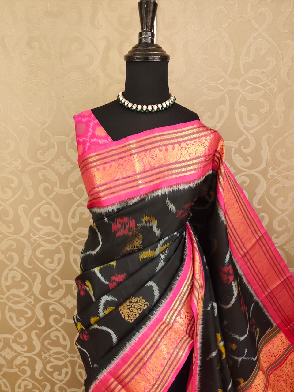 Black Pure Ikat Kanjeevaram Silk Saree, With Unstiched Blouse