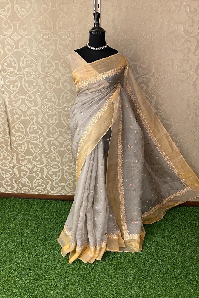 Grey organza silk embroidery saree with unstiched blouse, perfect for party wear by Saarang Sarees.
