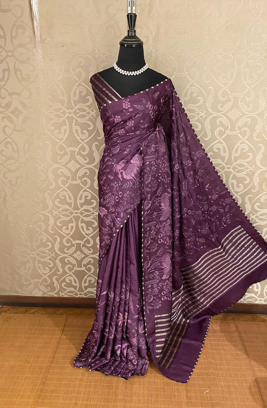 Dark Purple Tussar Embroidery Saree With Parsi Work, With Unstitched Blouse