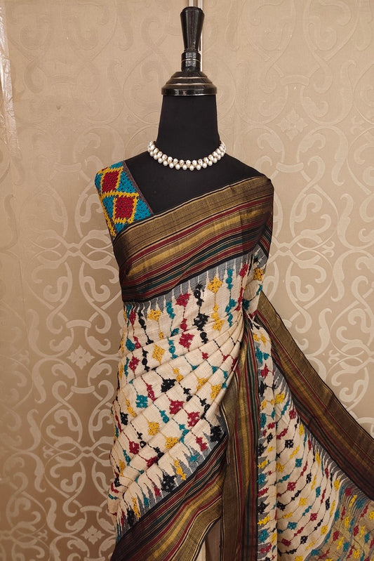 Beige & Multi Vidarbha Tussar Silk With Kutch Work Saree, With Unstitched Blouse