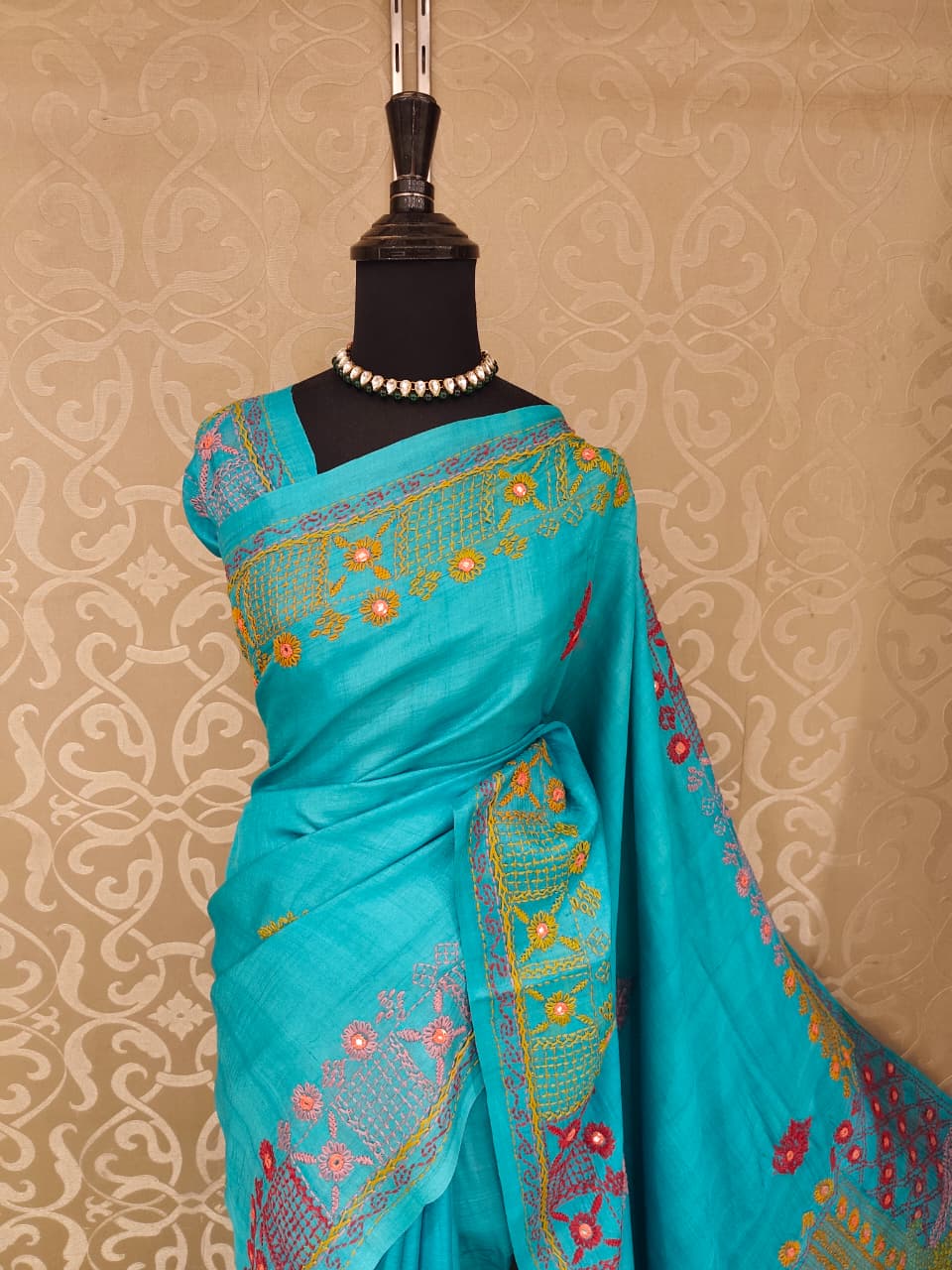 Sea Green Tussar Embroidery Saree With Lambani Work Border, With Unstitched Blouse