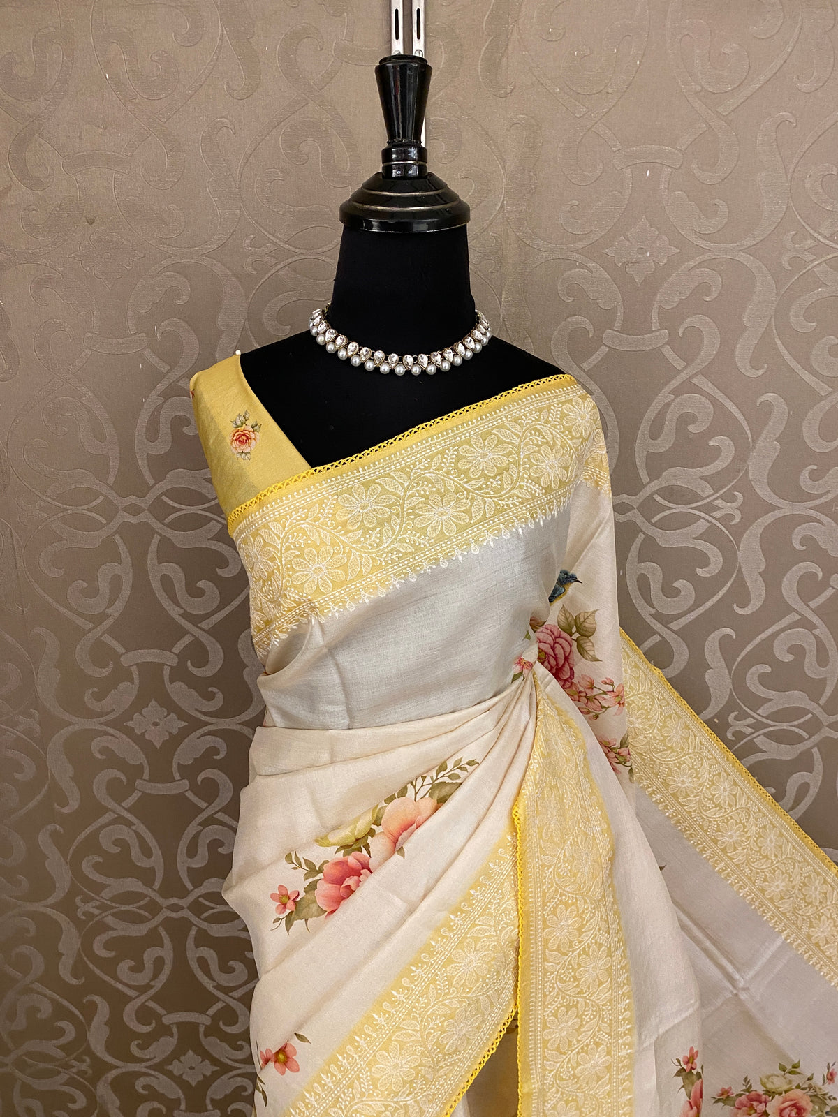 Off-White Tussar Resham Embroidery Saree, With Unstiched Blouse