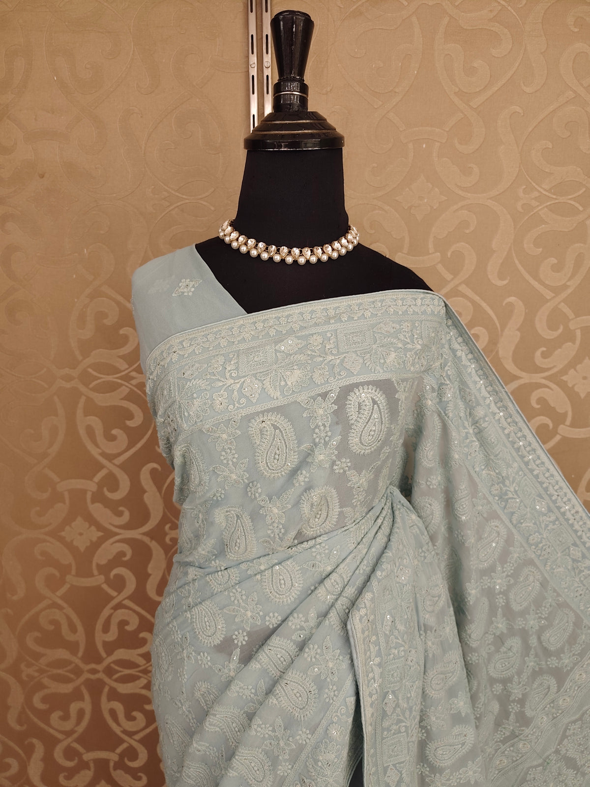 Sky Georgette Chikankari Embroidery Saree, With Unstitched Blouse