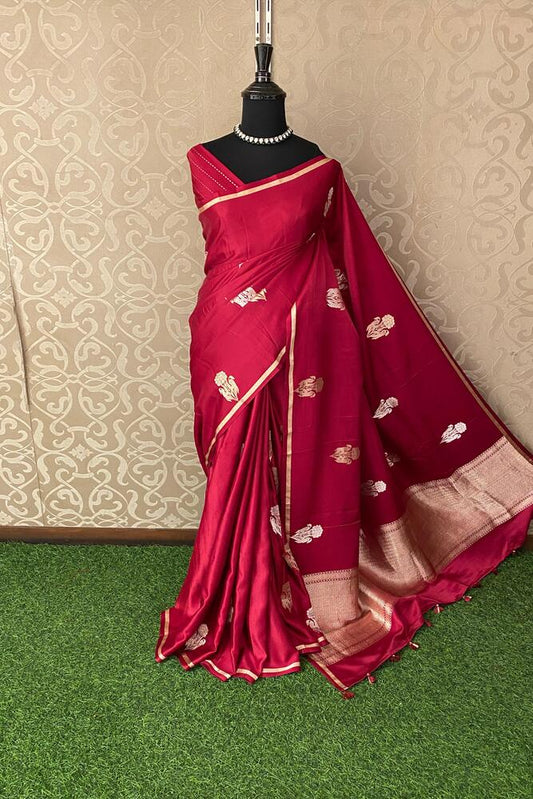 Maroon Mashru Silk Banarasi Handloom Saree, With Unstiched Blouse