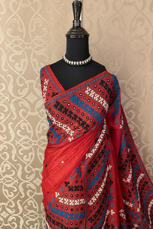 Red Tussar Lambani & Kutch Work Saree With Ustiched Blouse - Saarang Sarees