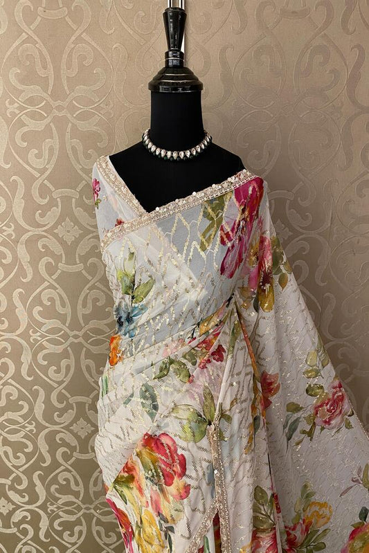 White Printed Georgette Sequin Saree, With Unstiched Blouse