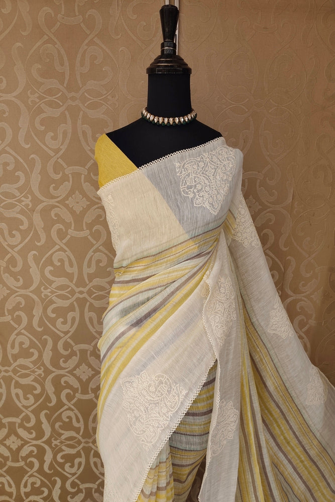 Off-White & Yellow Linen Embroidery Saree, With Unstiched Blouse
