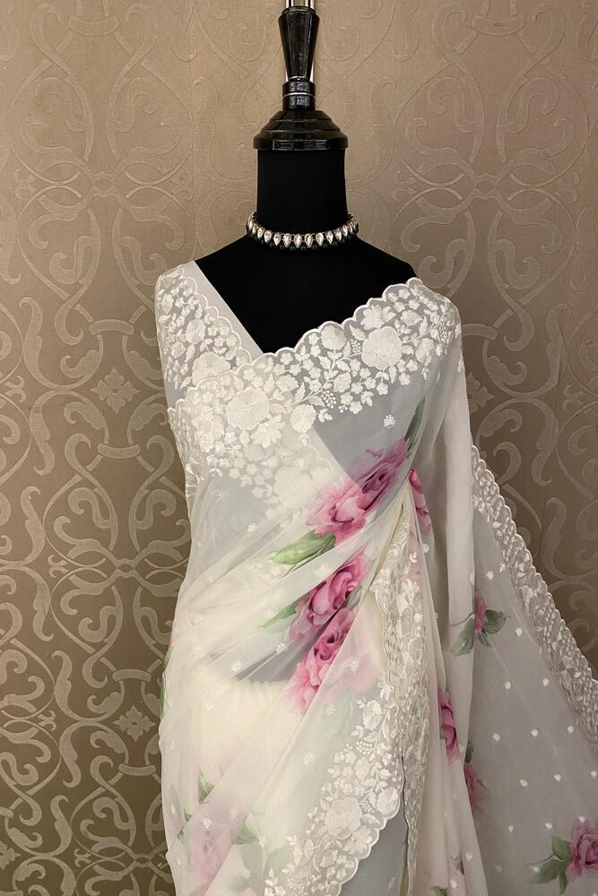Off-White Printed Georgette Saree With Resham Embroidery Work, With Unstiched Blouse