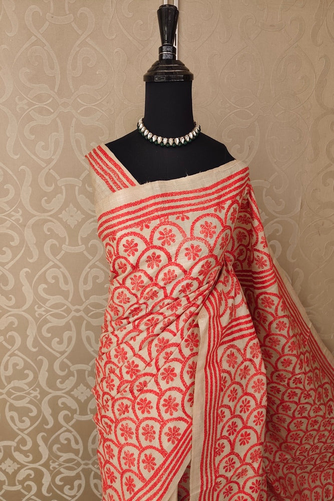 Beige & Red Tussar Embroidery Saree With Kantha Work Border, With Unstitched Blouse