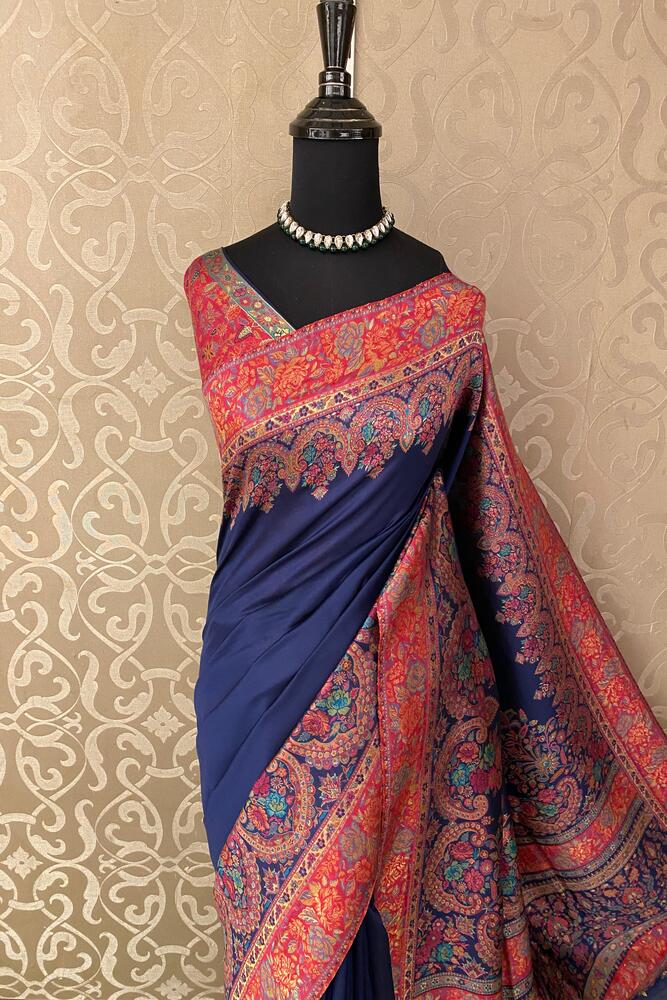 Navy Blue Pure Kani Handloom Silk Saree With Unstiched Jamewar Woven Blouse