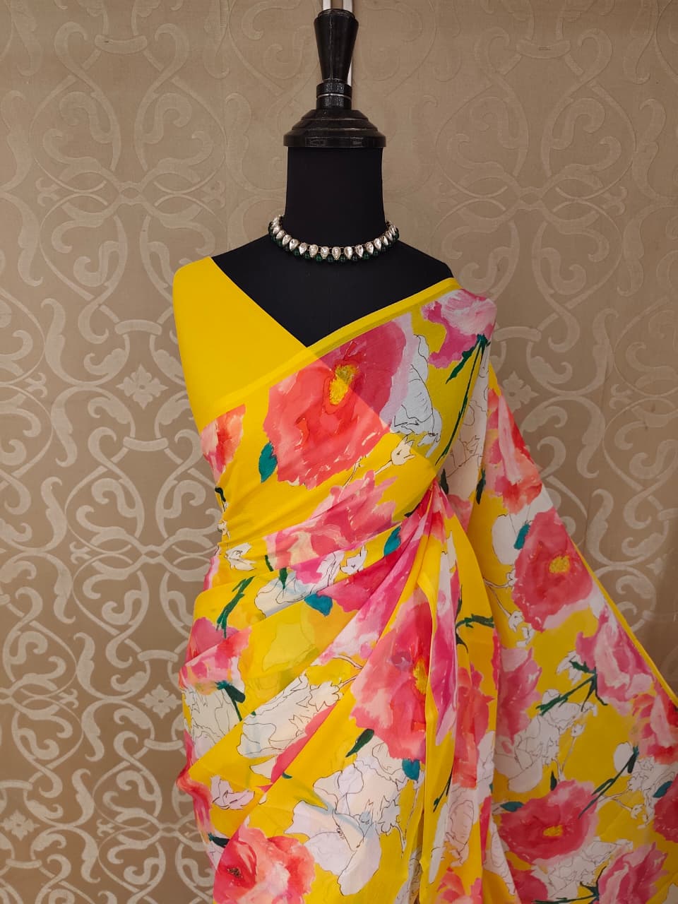 Yellow Floral Printed Chiffon Saree, With Unstiched Blouse Piece