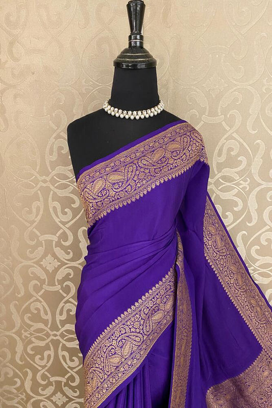 Purple Mysore Crepe Silk Banarasi Saree with intricate gold zari work and matching unstiched blouse, traditional Indian wear by Saarang Sarees.