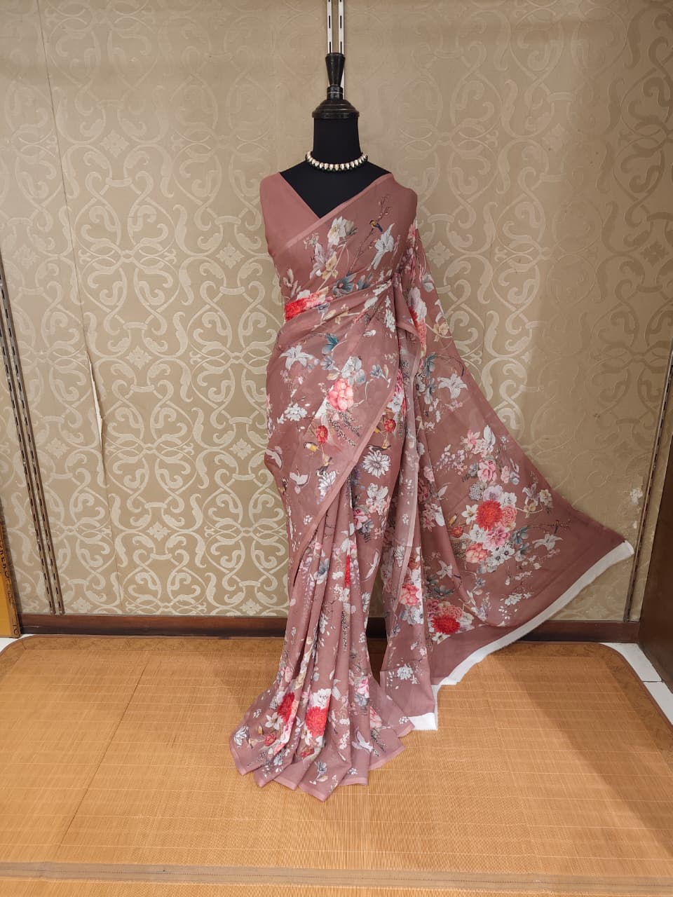 Brown Floral Printed Chiffon Saree, With Unstiched Blouse Piece