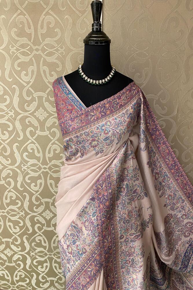 Cream Pure Kani Handloom Silk Saree With Floral Woven Blouse
