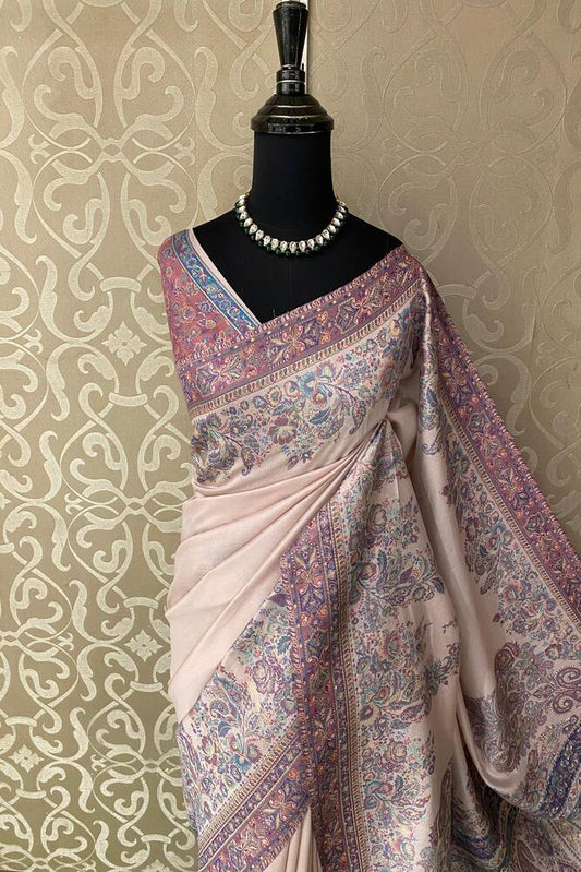 Cream Pure Kani Handloom Silk Saree With Floral Woven Blouse