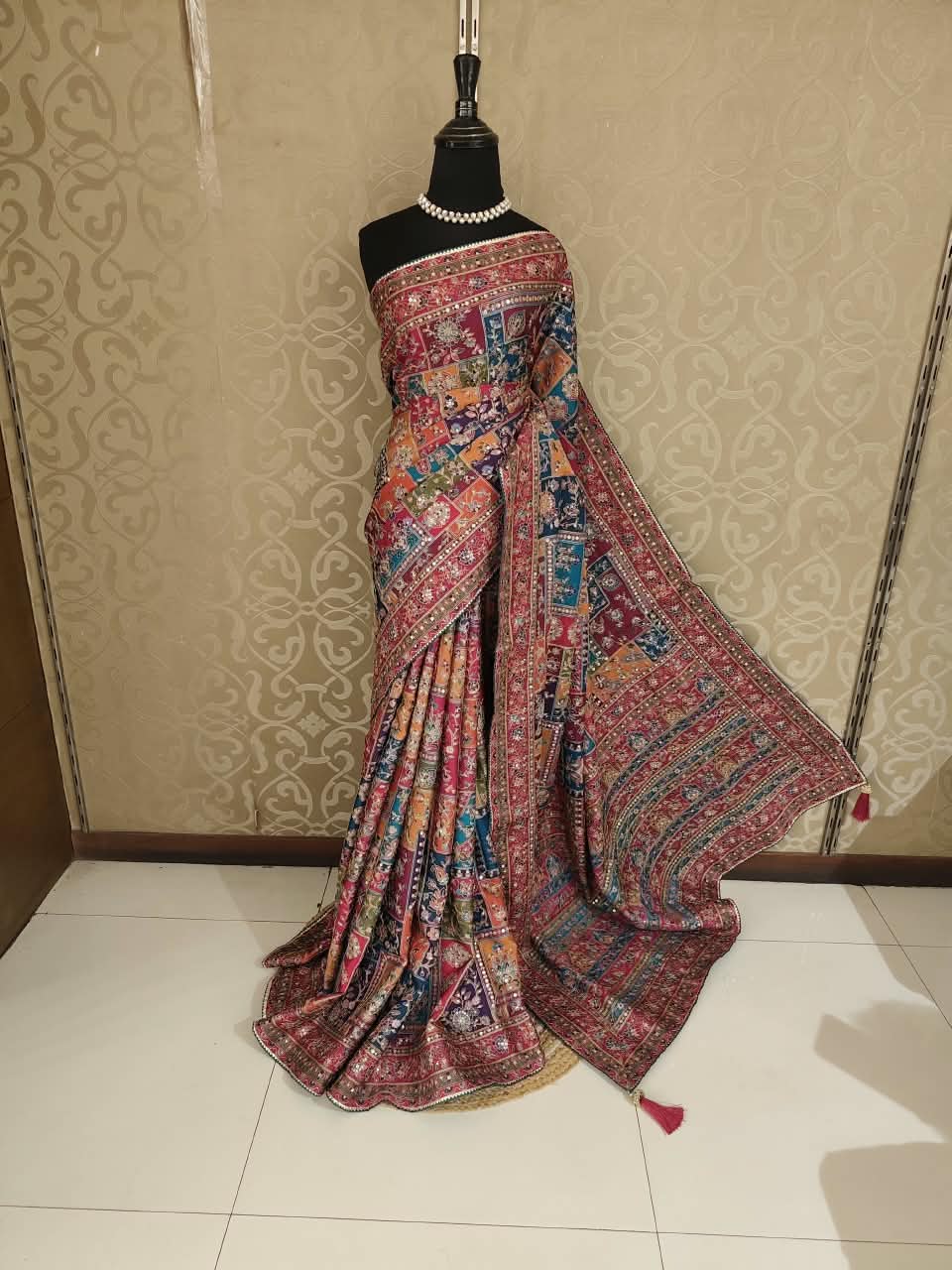 Magenta & Multi Crepe Printed Stone Work Saree, With Readymade Blouse