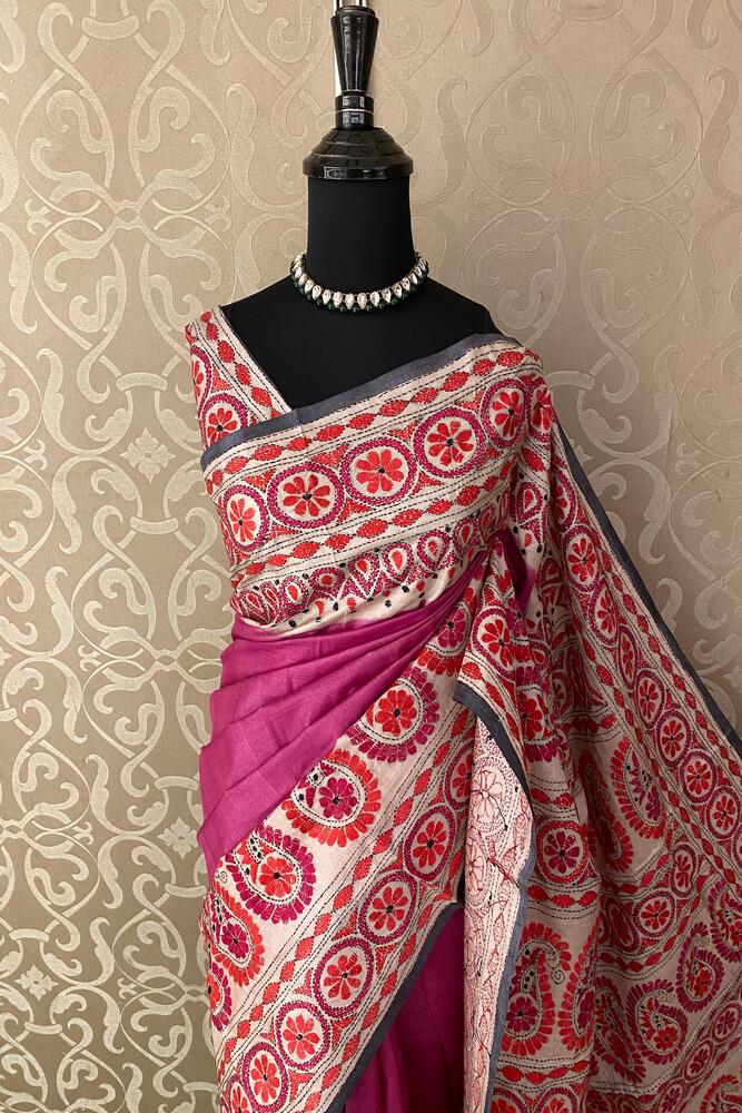 Magenta Tussar embroidery saree with Kantha work border from Saarang Sarees, paired with unstitched matching blouse.