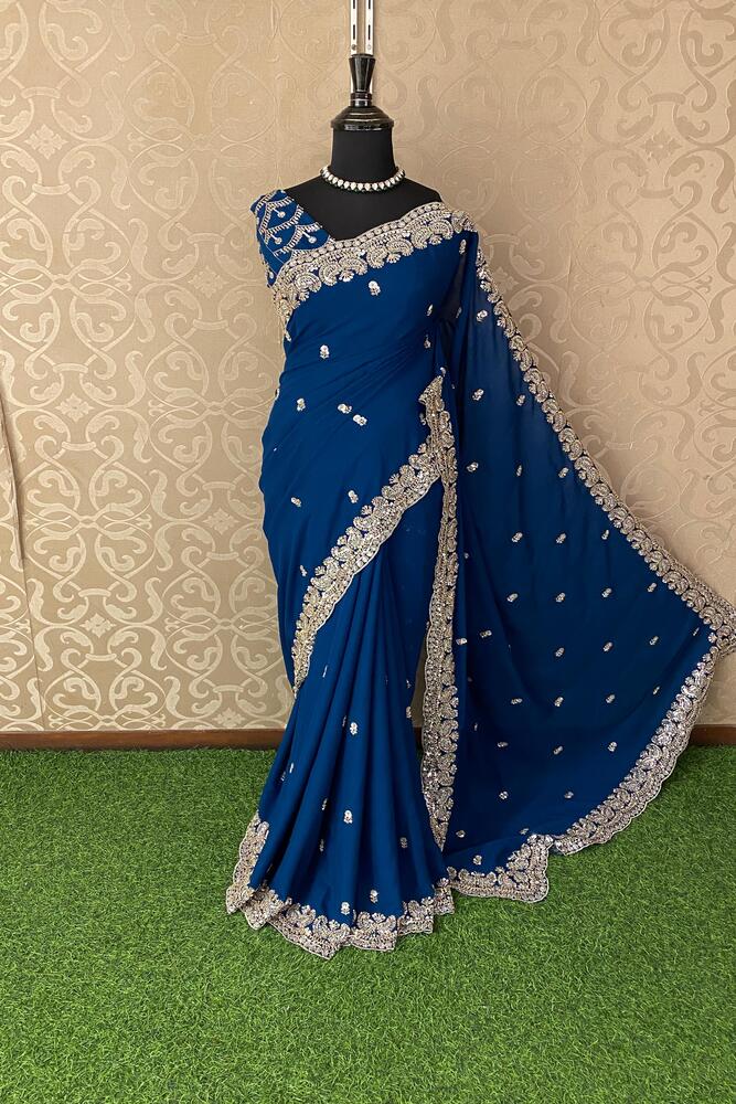 Indigo Blue Georgette Embroidery Work Saree, With Unstiched Blouse