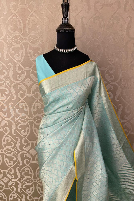 Sky Blue Mysore Crepe Silk Banarasi Saree, With Unstiched Blouse