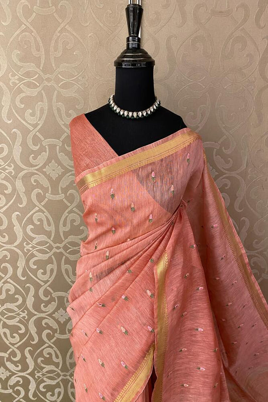 Peach pink pure linen saree with Kashmiri work and unstiched blouse, traditional wear by Saarang Sarees.