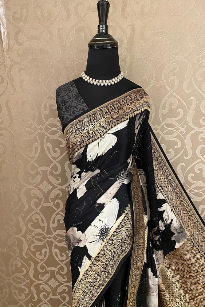 Black Mashru Silk Printed Banarasi Handloom Saree, With Unstiched Blouse
