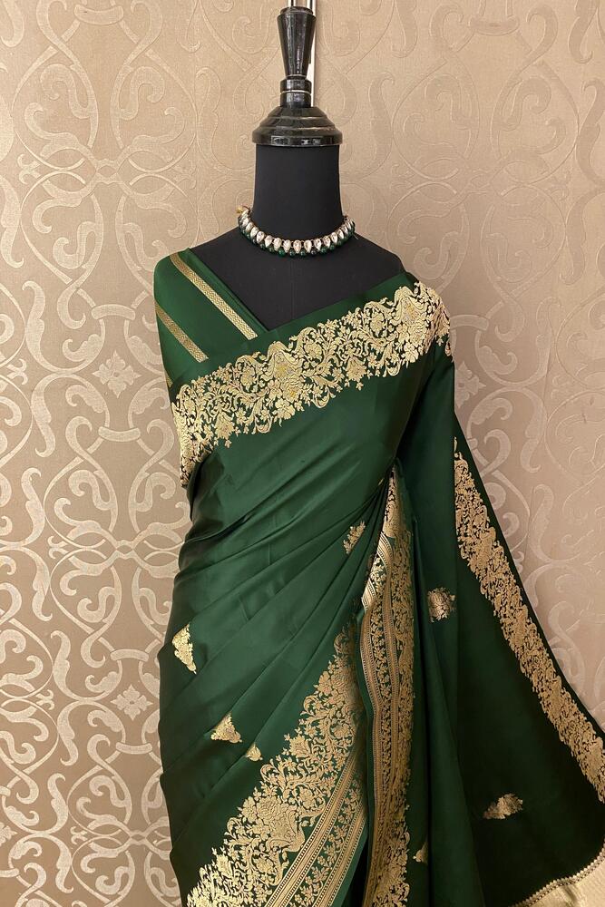 Bottle Green Mashru Silk Banarasi Handloom Saree, With Unstiched Blouse