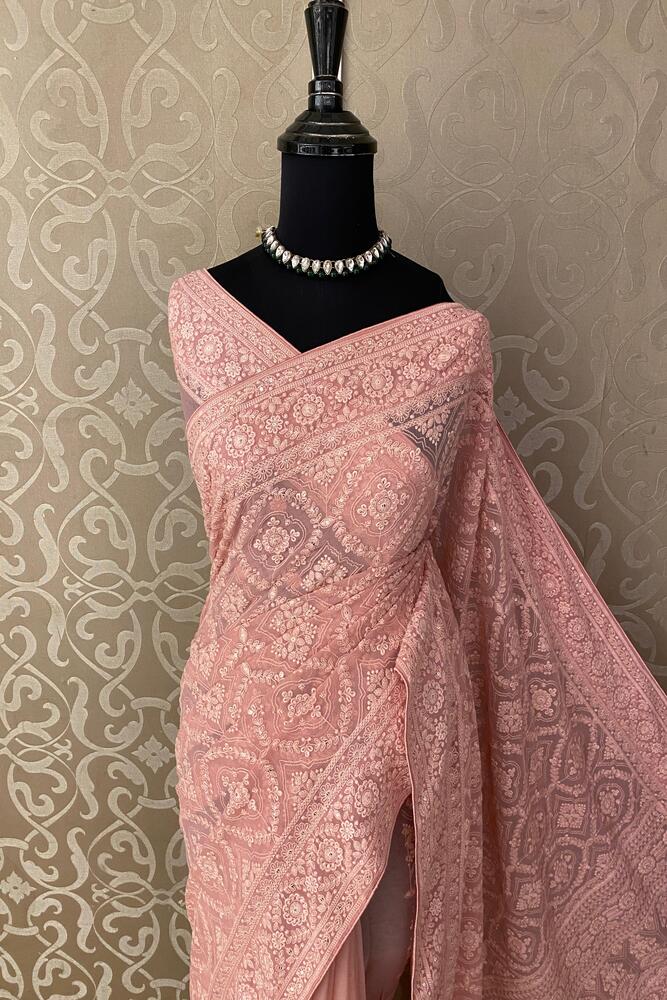 Baby Pink Blue Georgette Chikankari Saree, With Unstiched Blouse