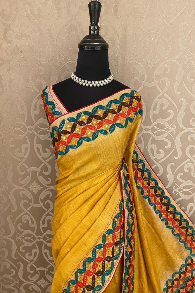Mustard Yellow Tussar Embroidery Saree With Kathiawari Work Border, With Unstitched Blouse