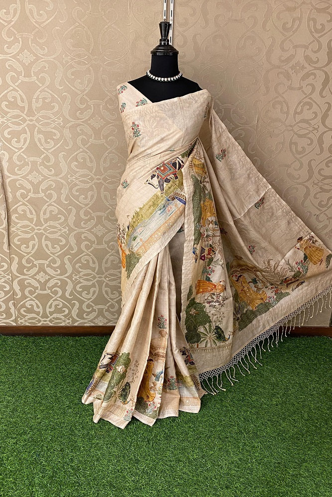 Beige Tussar Pichwai With Aari Work Saree, With Unstiched Blouse
