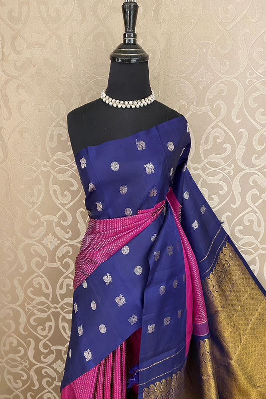 Navy blue pure Kanjeevaram silk saree with intricate traditional design and unstiched blouse, by Saarang Sarees.